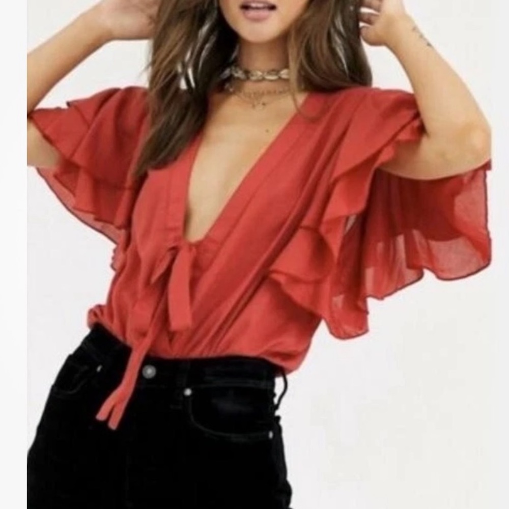 Free People Call Me Later Ruffled Sleeve Bodysuit Size M